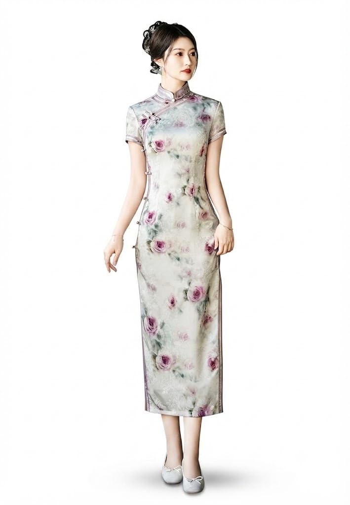 purpleq Vestido Cheongsam Tradicional Chino Vintage Floral Ajustado Manga Corta Cuello Mandarín Elegante Qipao Largo para Fiestas y Bodas