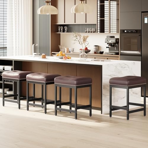 Image of MALOL Saddle Bar Stools Set of 4, 24 Inch Counter Height Backless Barstools - PU Leather Cushioned Seat, Metal Base & Footrest, Kitchen Island Breakfast Bar Chairs, Modern Brown