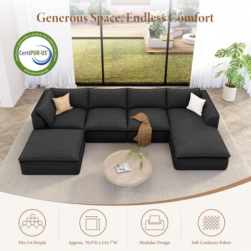 Image of Vesgantti 141.7 inch U Shaped Sectional Boneless Couch, Modern 6 Seater Modular Sofa with Chaise & Ottoman, Deep Seat Plush Corduroy Cloud Couches for Living Room, No Assembly Required, Dark Gray