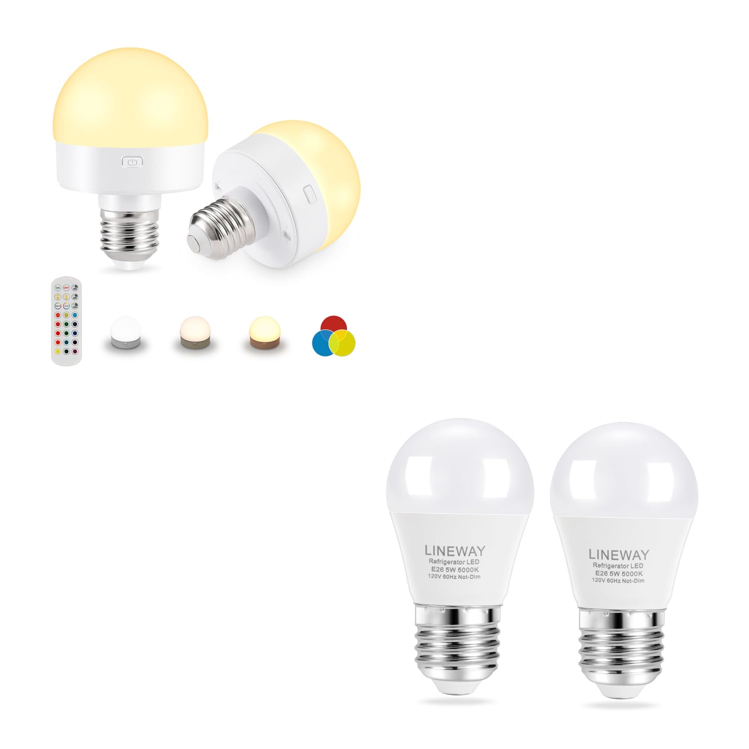 LINEWAYRechargeable Battery Operated Light Bulb with Remote for Wall Sconce and Refrigerator Light Bulb LED Fridge Light E26 Medium Base Freezer Kitchen Home Lighting