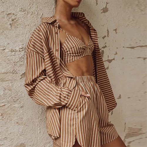 XYGJZ Women's Casual 3 Piece Outfit Set Stripe Long Sleeve Shirt Bra Top Shorts Tracksuit Set2