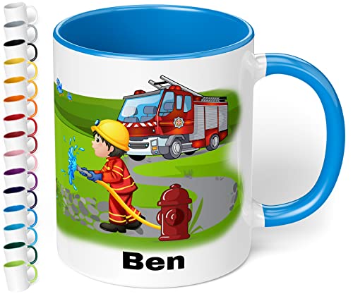 Tasse mit Namen für Kinder Feuerwehrmann – Kindertasse personalisiert – Feuerwehr Kinderbecher Trinkbecher für Jungen und Mädchen - rundum bedruckt – Geschenk zum Geburtstag (Cambridge Blau)