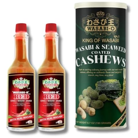 Wasabi O Red Chili Hot & Spicy Sauce & WASABI-O Real Wasabi and Seaweed Coated Cashews Cover