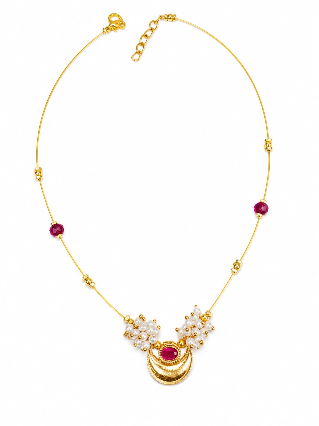 Invisible Necklace for Women |Chandrakor design Pink Stone & Pearl Gold Plated Lightweight Traditional Jewellery for Party, Function & Daily Wear-image-49