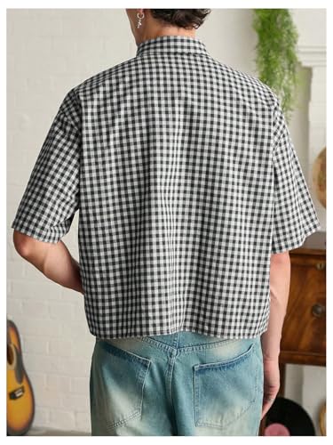 SHENHE Men's Plaid Button Down Short Sleeve Shirt Loose Fit Casual Shirt with Chest Pocket2