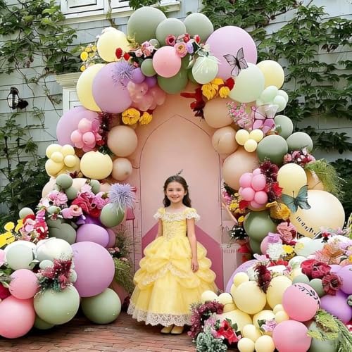 Image of Green Pink Purple Balloon Arch Double Stuffed Pink Yellow Sand White Balloon Garland with Bionic Flower Leaf Butterfly Stickers for Spring Birthday Garden Wildflower Baby Shower Easter Party Decor