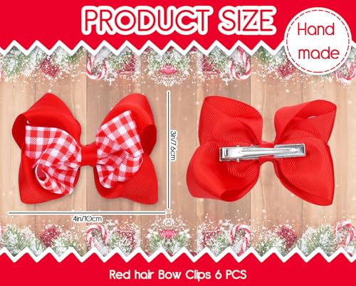 Image of Whaline 6 Pcs Red White Christmas Hair Bow Clips Red Plaid Stripe Dot Hair Barrettes Grosgrain Ribbon Alligator Clips for Girls Hairs Accessories Xmas Party, 3 Styles