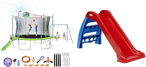 Trampolín de 14 pies con tobogán, columpios y Little Tikes First Slip And Slide