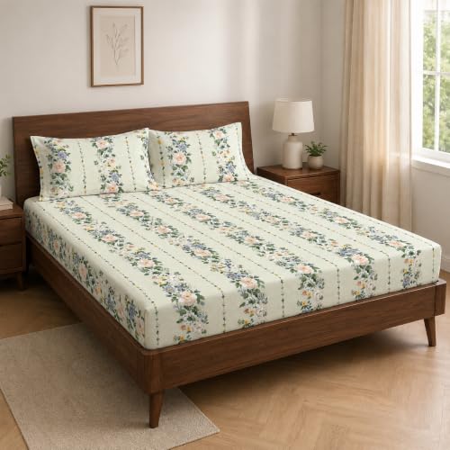 Image of la'amour 100% Cotton Elastic Fitted Bedsheets with 2 King Size Pillow Covers Double Bed with All Around Elastic Supersoft Size - 72 King Sizex78+10 inches Multicolor Accents 200 tc - 220 tc