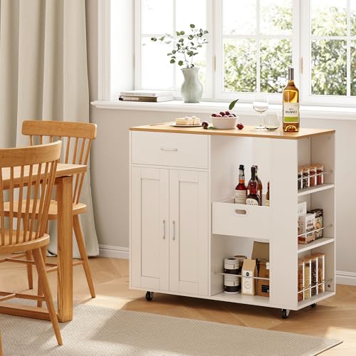 TIMORWTF - Postre de cocina con ruedas, isla central móvil con encimera de madera maciza, mueble de almacenamiento, carrito móvil para cocina o comedor, 102 x 46 x 92 cm, color blanco