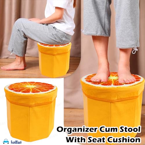 Image of FunBlast Cardboard Multi-Functional Folding Storage Ottoman Box Organizer Cum Stool with Seat Cushion, Storage Boxes for Toys for Kids, Storage Boxes for Clothes and Other Items for Home (Orange)