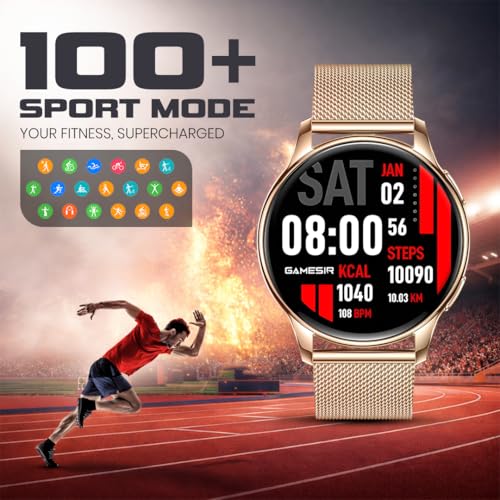 Image of GameSir Evo Vista Smartwatch, 1.39 inch HD Round Display, Bluetooth Calling, Heart Rate & SPO₂, 100+ Sports Modes, IP67, Long Battery Life for Men & Women (Millanese Gold)