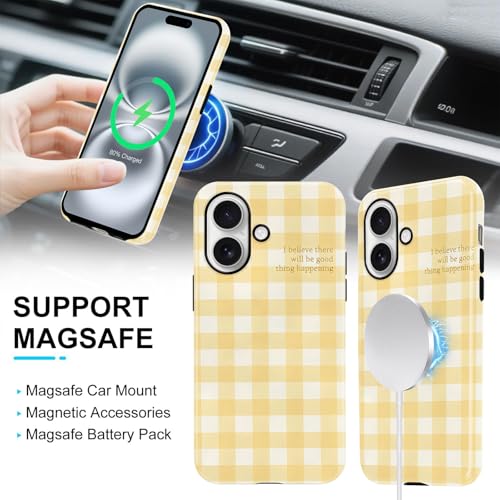 Coque iPhone 16 MagSafe vichy jaune antichoc en polycarbonate rigide
