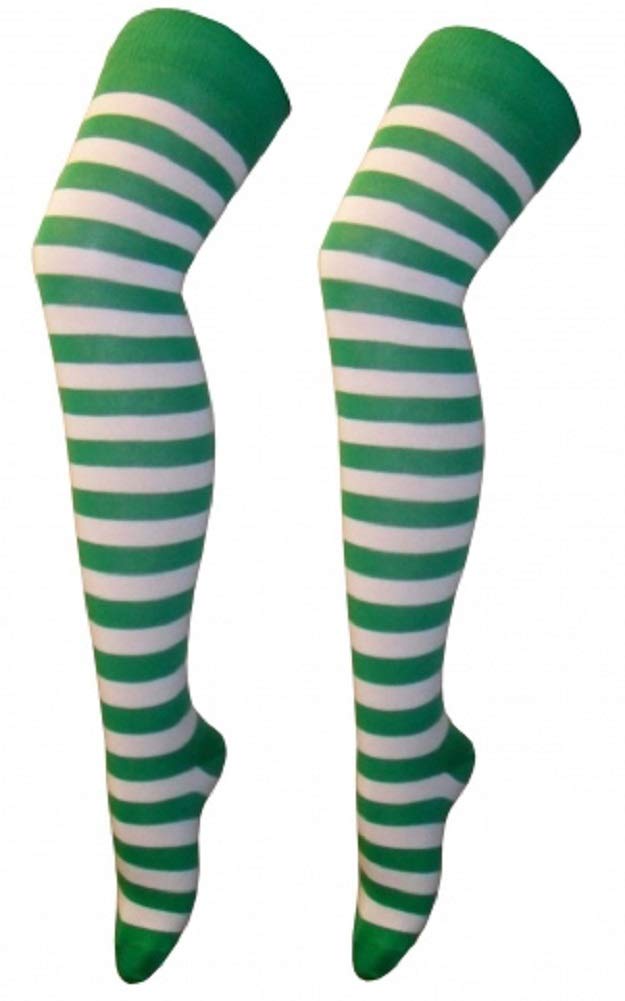 Crazy Chick Women's White/Green New Over The Knee Long Horizontal Stripe Print Thigh High Striped Patterned Overknee Socks ()
