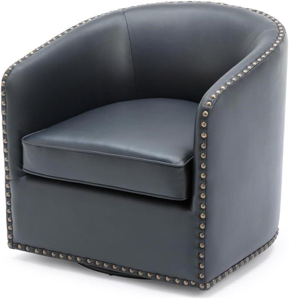 Tyler Midnight Blue Faux Leather Swivel Arm Chair with Nailhead Trim
