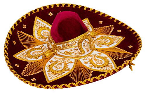 FESTMEX Mexican Sombrero Hats Charro – Sombrero Mexicano & Mariachi Hat, Traditional Mexican Hats Funny Costumes for Adults, Mariachi Costume (Burgundy and Gold)