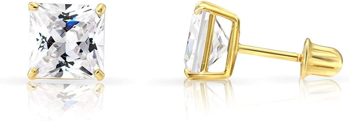 Solid 14k Yellow Gold Solitaire Square Princess-cut CZ Stud Earrings with Secure Screw-backs
