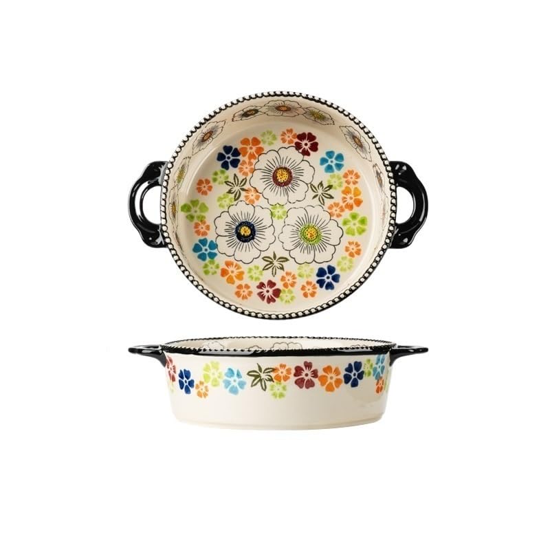 Plato para hornear de cerámica redondo de 950 ml con doble asa estilo vintage