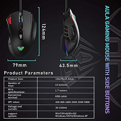 AULA H512 MMO Gaming Mouse with 7 Side Buttons, Black, Switch DPI Between 400 DPI and 5000 DPI to Present 6 Different LED Cool Lighting Effects,Custom Programmable Function Via Software