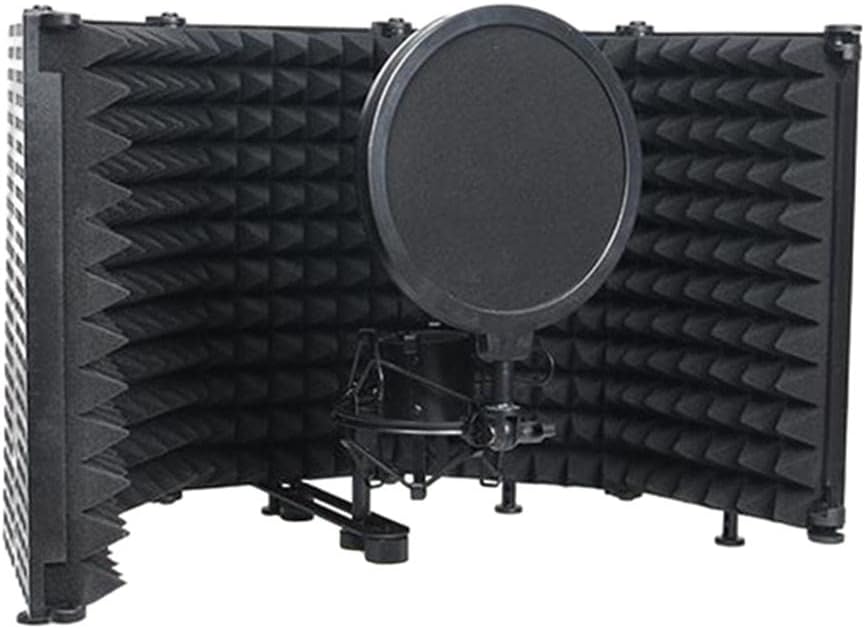 Professional Microphone Isolation Shield Reflector with Foldable Panels, for Live Broadcast and Acoustic Recording, Iron Construction, Includes Shockproof Mount and Wind Screen,