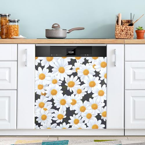 Cubierta magnética para lavavajillas, 58,42 x 66,04 cm, cubierta magnética para puerta de lavavajillas, panel decorativo para armario de cocina, nevera, lavadora, margaritas