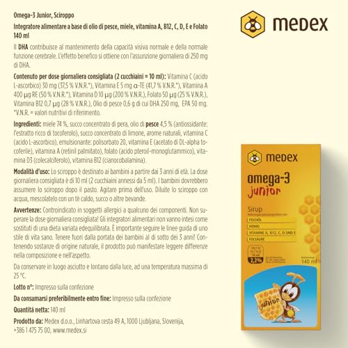 Medex Omega 3 Junior Sciroppo, A Base Di Miele 74%, 250 Mg Di Dha E 50 Mg Di Epa; Aggiunta Di Vitamine A, B12, C, D, E, Acido Folico, Per Bambini Dai 3+, 140 Ml - 6