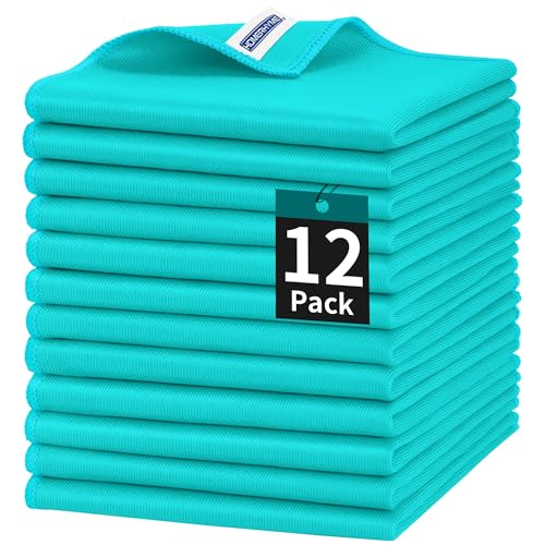 HOMERHYME Microfiber Cleaning Cloth, 12 Pack Window Glasses Cleaning Cloth, Reusable Lint-Free Streak Free Polishing Cloth Wipes for Stainless Steel, Eyeglass, Mirror, Screen & Lense, Turquoise