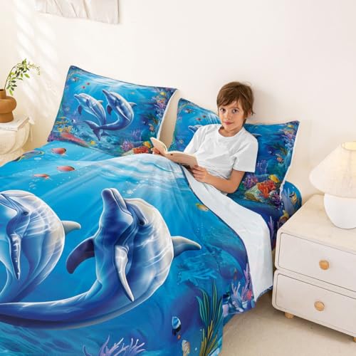 Image of jejeloiu Dolphin Bed Sheets Set Full Size Cute Ocean Animal Bed Set Jumping Dolphins Deep Pocket Fitted Sheet Blue Ocean Marine Themed Breathable Soft Lightweight Microfiber
