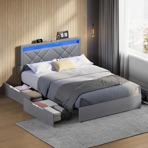 VASAGLE Lit Double, 140 x 190 cm, avec LED, en Métal, 4 Tiroirs, Multiprise, Tête de Lit Rembourrée Ajustable, Pas Besoin de Sommier, Gris Clair et Noir Mat RMB826G01
