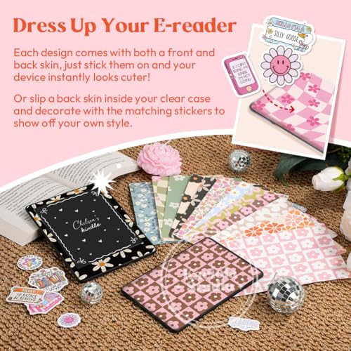 Image of KACIOLA STUDIO 24PCS Simple Flower Skin Set for E-Reader, and 4PCS Type C Charms /50PCS Scrapbook Stickers for Clear Case, 6.9 inchx4.8 inch E-Reader Skin Front and Back Decal for Paper White 11th