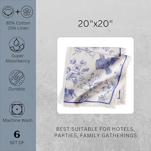 Image of FINGERCRAFT Cotton Linen Blend Table Napkins Set of 6, 20x20 Inch Blue Bird Print Cloth Napkins with Classic Lace Border, Reusable Washable Dinner Napkins for Kitchen Party Restaurants (Toile Blue)