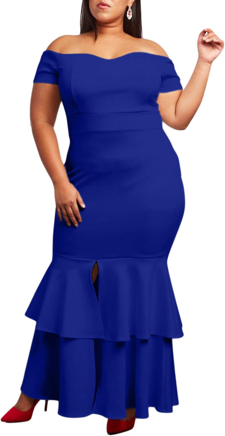 Ecosunny Womens Off Shoulder Bodycon Ruffle Mermaid Plus Size Party Maxi Dress Blue