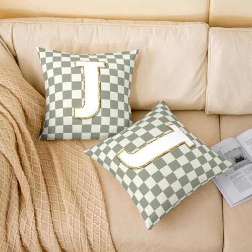 Image of Erosebridal Sage Green Checkered Throw Pillow Covers 18x18 Set of 2 Plaid Initial J Pillow Covers Personalized Monogram Cushion Cover Fashion Grids Gingham Pillow Cases for Couch Sofa