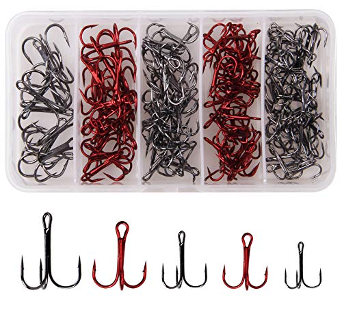 130pcs Fishing Treble Hooks Kit for Saltwater Freshwater, High Carbon Steel Barbed Treble Hooks Strong Sharp Round Bend Triple Fishing Hooks for Catfish Bass Trout Hard Baits Lures