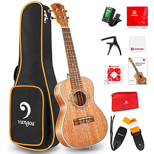 Ukulele koncert mahoniowy zestaw 58 cm Ukelele dla początkujących dorosłych, profesjonalny czterostrunowy drewniany hawajski zestaw startowy Uke firmy Vangoa