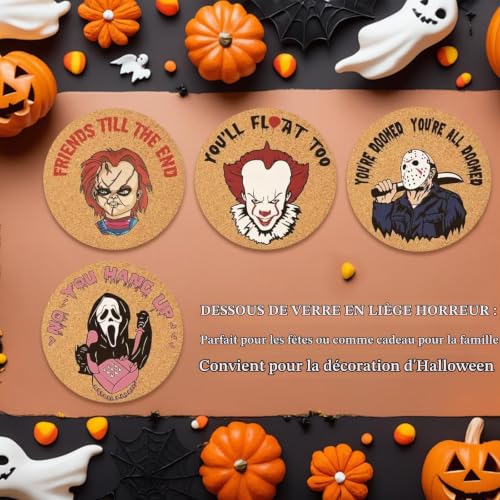 Marchandise de Films d’Horreur sous-Verres d’Halloween Set de 6 sous-Verres Horror Movie avec Support - Dessous Verre Liège pour Décoration Film d’Horreur Cadeaux Films d’Horreur – vue 4