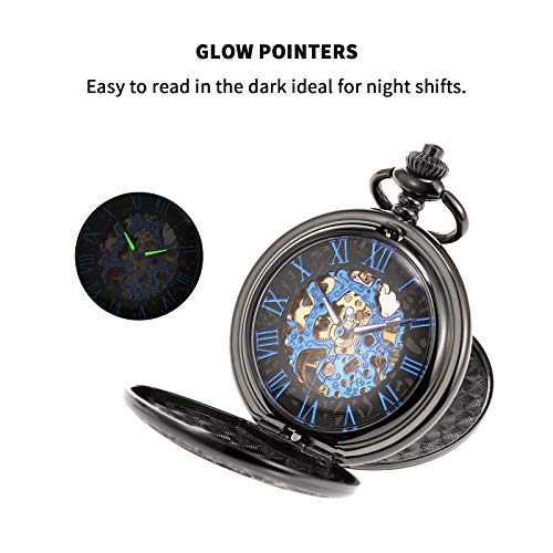 Treeweto Men's Mechanical Skeleton Pocket Watch For Mens Women Blue Roman Numerals Dial Black Double Case Pocket Watches #TOP5