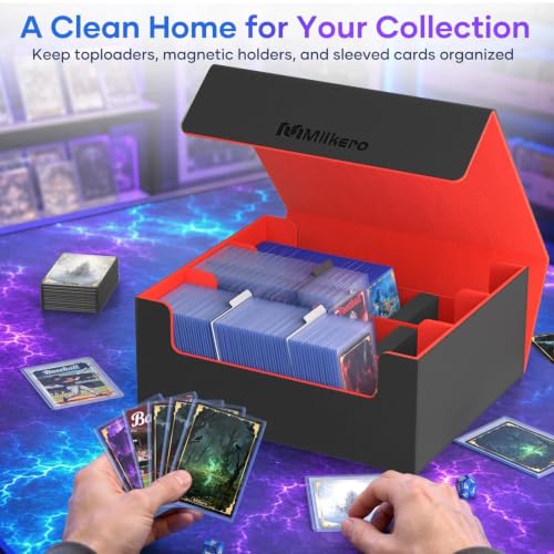 Image of Mlikero Card Deck Case for Trading Cards 1800+, Trading Card Storage Box Fits Toploader and Magnetic Card Holder, Leather Magnetic Closure Deck Box Fit for MTG, TCG (Red)
