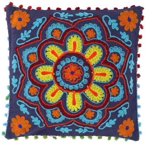 GURU SHOP Boho Kissenhülle, Farbenfrohes Besticktes Folklore Kissen im Mexikanischem Style - Taubenblau/gelb, 40x40 cm