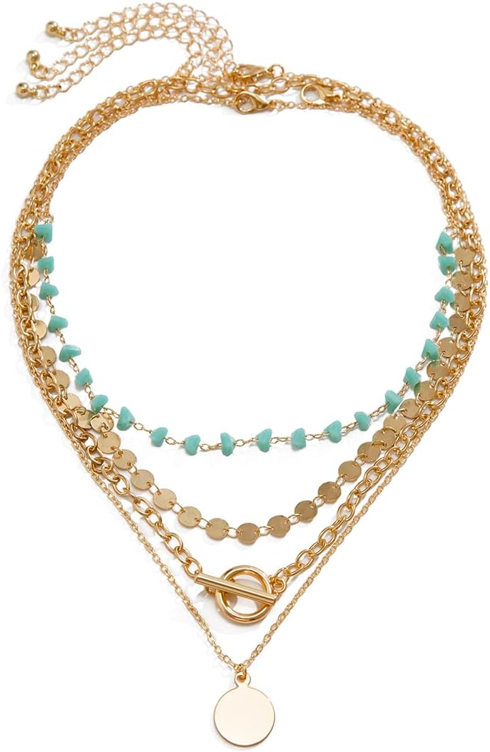 Gold layered turquoise boho necklace for women, country concert gift.