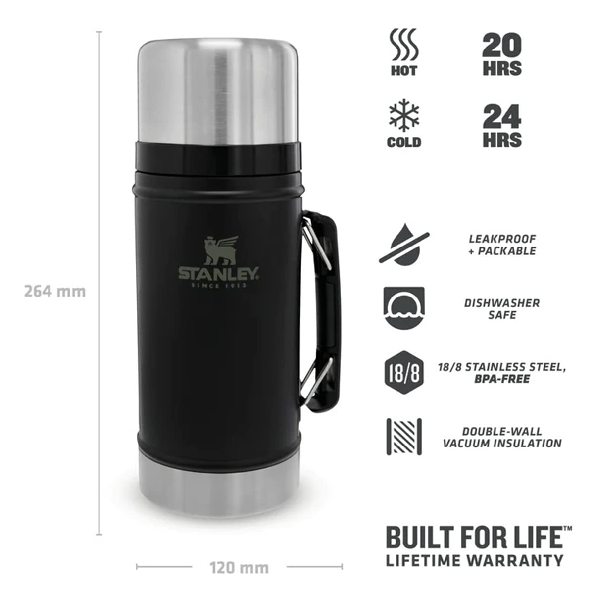 STANLEY 1913 Classic Legendary Food Jar 0.94L - Contenitore Termico Per Alimenti Caldi - Thermos - Lavabile In Lavastoviglie - Portavivande - Senza BPA & Acciaio Inox - Matt Black