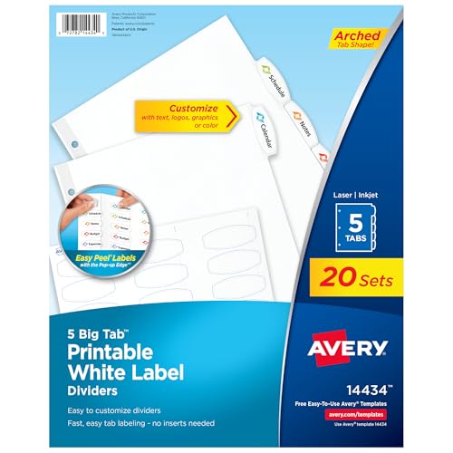 Intercalaires Avery 14434 imprimables à onglets Big Tab faciles à décoller pour classeur