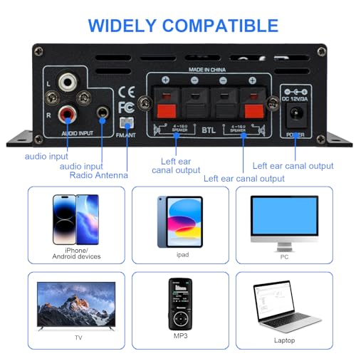Image of 800W Amplifier Home Audio, Bluetooth 5.0, RMS 40Wx2, 2 Channel Amplifier with USB SD BT.C FM AUX for Home Theater Karaoke, Garage, Backyard, Theater, Outdoor, Poolside