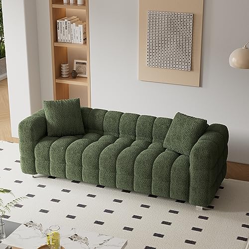 Image of Dolonm Modern Sofa Couch with Metal Legs Upholstered Tufted 3 Seater Couch with 2 Pillows Decor Furniture for Living Room, Bedroom, Office, 80 Inch Wide(Green-Teddy)