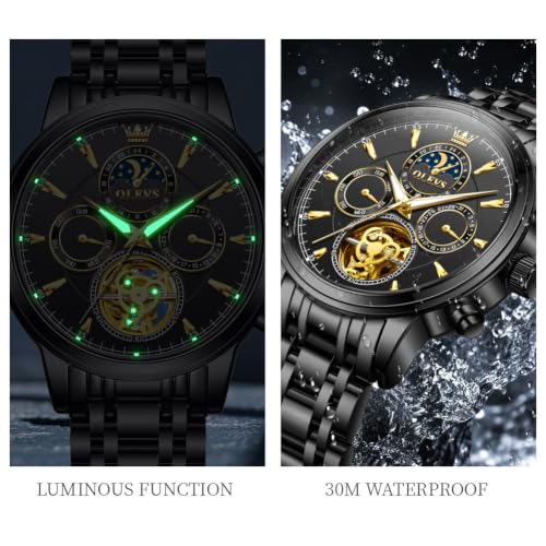 Image of OLEVS Men Automatic Skeleton Watch - Luxury Stainless Steel Calendar Moon Phase Mechanical Dress Wrist Watch with Luminous, Waterproof Self-Wind (Gold /Silver /Blue /Black)