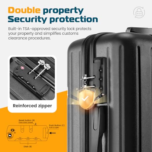 Image of Hoteel Luggage Sets 5 Piece (4-YEARS WARRANTY), ABS+PC Suitcases with Wheels and Side Hook, Hardshell 20 /24 /28 inch Luggage with Duffel Bag Travel Bag, Black