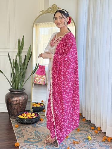 Image of Naixa Women's Viscose Embroidered Straight Kurta with Viscose Pant and Silk Blend Embroidered Laced Dupatta Sets (Available in Plus Size)