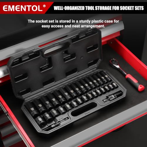 Image of EMENTOL 32Pcs 3 /8 inch Dr. Impact Socket Set, 8-22mm, 12-Pt, CR-V