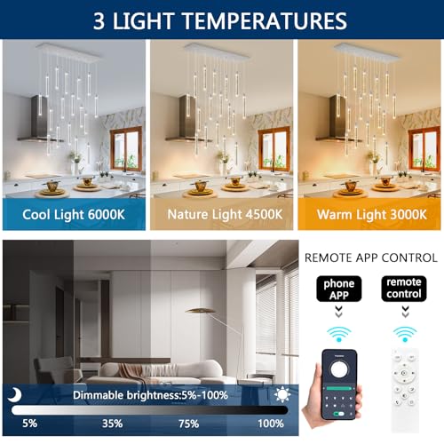 Image of Rectangular Chandeliers 17-Lights Long Light for Entryway LED Dimmable Chandeliers Lighting Fixture Flat Sloped High Ceiling Pendant Lights Crystal for Living Room Foyer Hallway Staircase Silver