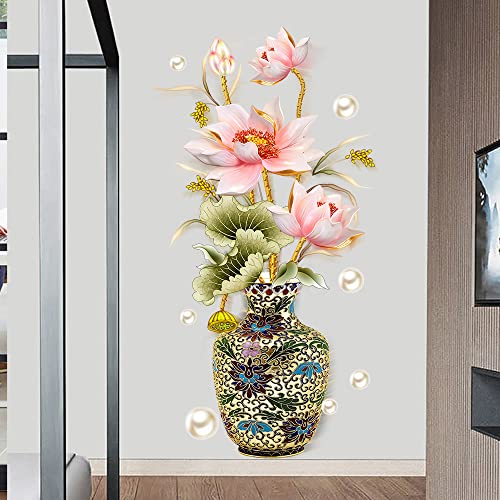 Dechom Chinese Style Lotus Flower Classical Vase Wall Sticker Pearl Living Room Art Wall Decals Home Entrance Backdrop Decoration #TOP5